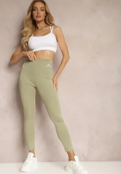 Zielone Legginsy High Waist z Gumką w Pasie Cloen