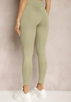 Zielone Legginsy High Waist z Gumką w Pasie Cloen