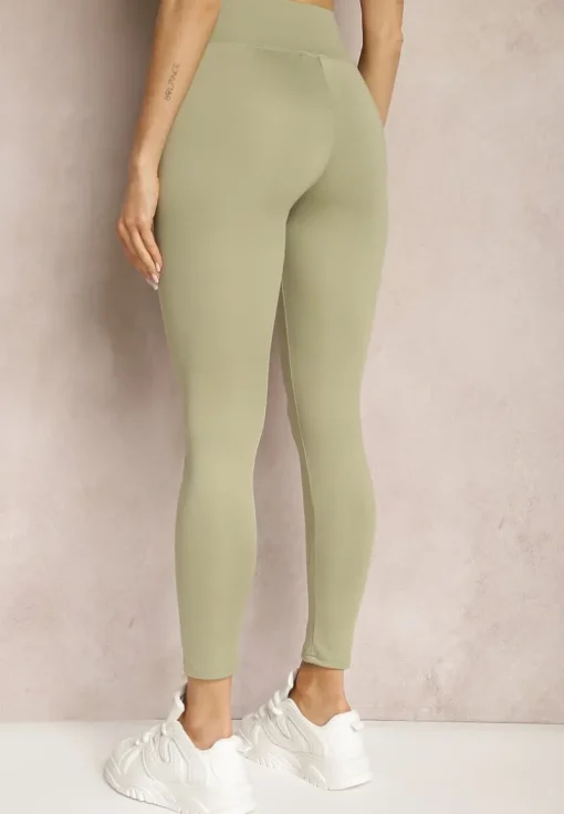 Zielone Legginsy High Waist z Gumką w Pasie Cloen