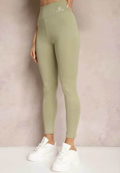 Zielone Legginsy High Waist z Gumką w Pasie Cloen