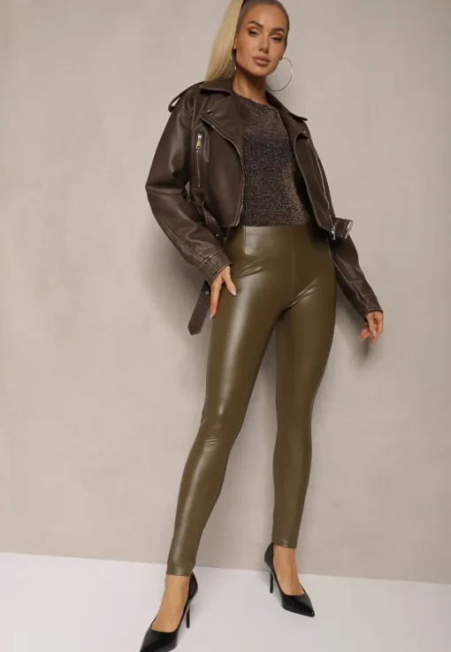 Zielone Legginsy z Imitacji Skóry High Waist z Polarem Labrinne
