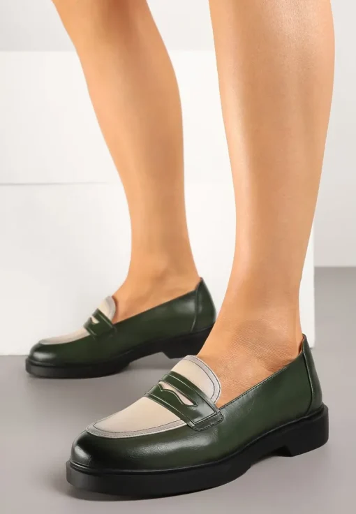 Zielone Mokasyny Lakierowane Loafersy ze Skórzaną Wkładką Reilira