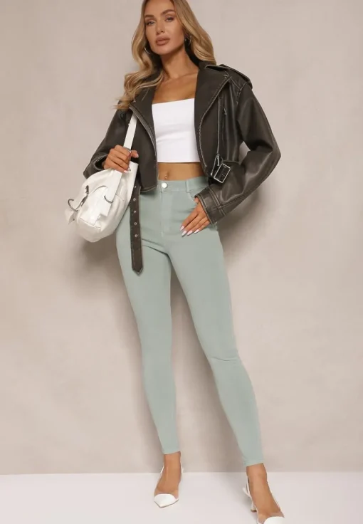 Zielone Skinny Jeansy z Bawełną High Waist Lorie