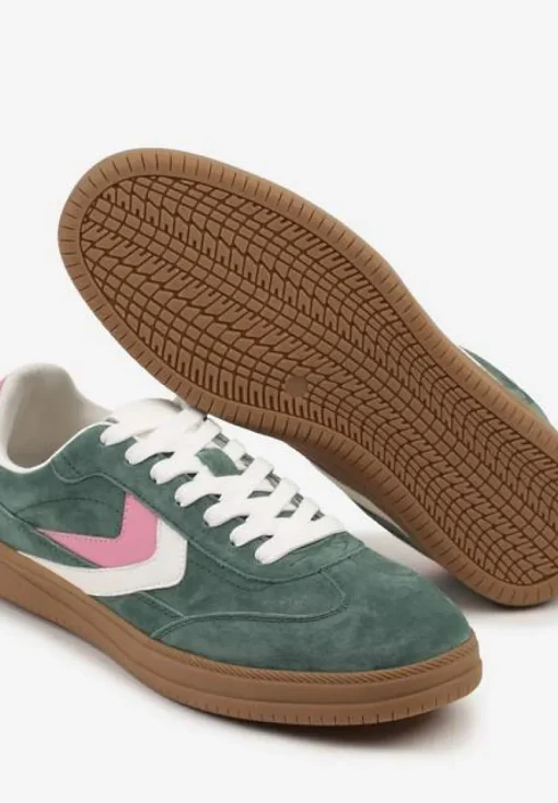 Zielone Sneakersy Skórzane w Stylu Tenisówek z Geometrycznym Motywem Erisane