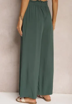 Zielone Spodnie z Bawełny High Waist z Szerokimi Nogawkami i Gumką w Pasie Clisea