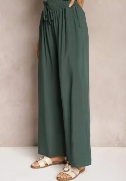 Zielone Spodnie z Bawełny High Waist z Szerokimi Nogawkami i Gumką w Pasie Clisea