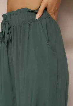 Zielone Spodnie z Bawełny High Waist z Szerokimi Nogawkami i Gumką w Pasie Clisea