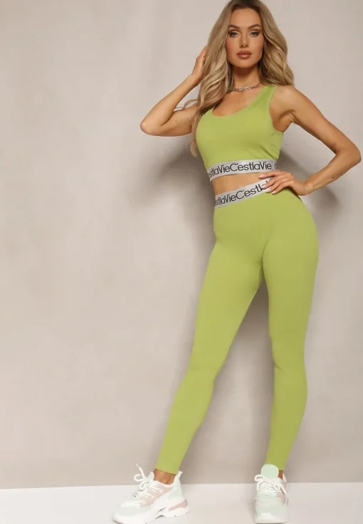 Zielone Sportowe Legginsy Elastyczne z Ozdobną Szeroką Gumą w Pasie Larnode