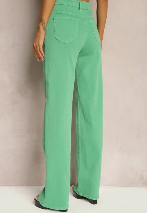 Zielone Szerokie Jeansy z Bawełnianej Tkaniny Plumeti High Waist Rrisa