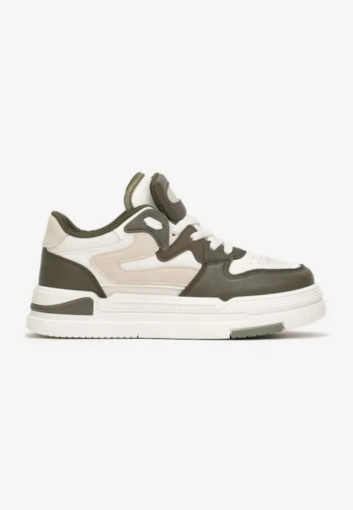 Zieloneo-Białe Sneakersy Ozdobione Wstawkami i Perforacją z Imitacji Skóry Cressia