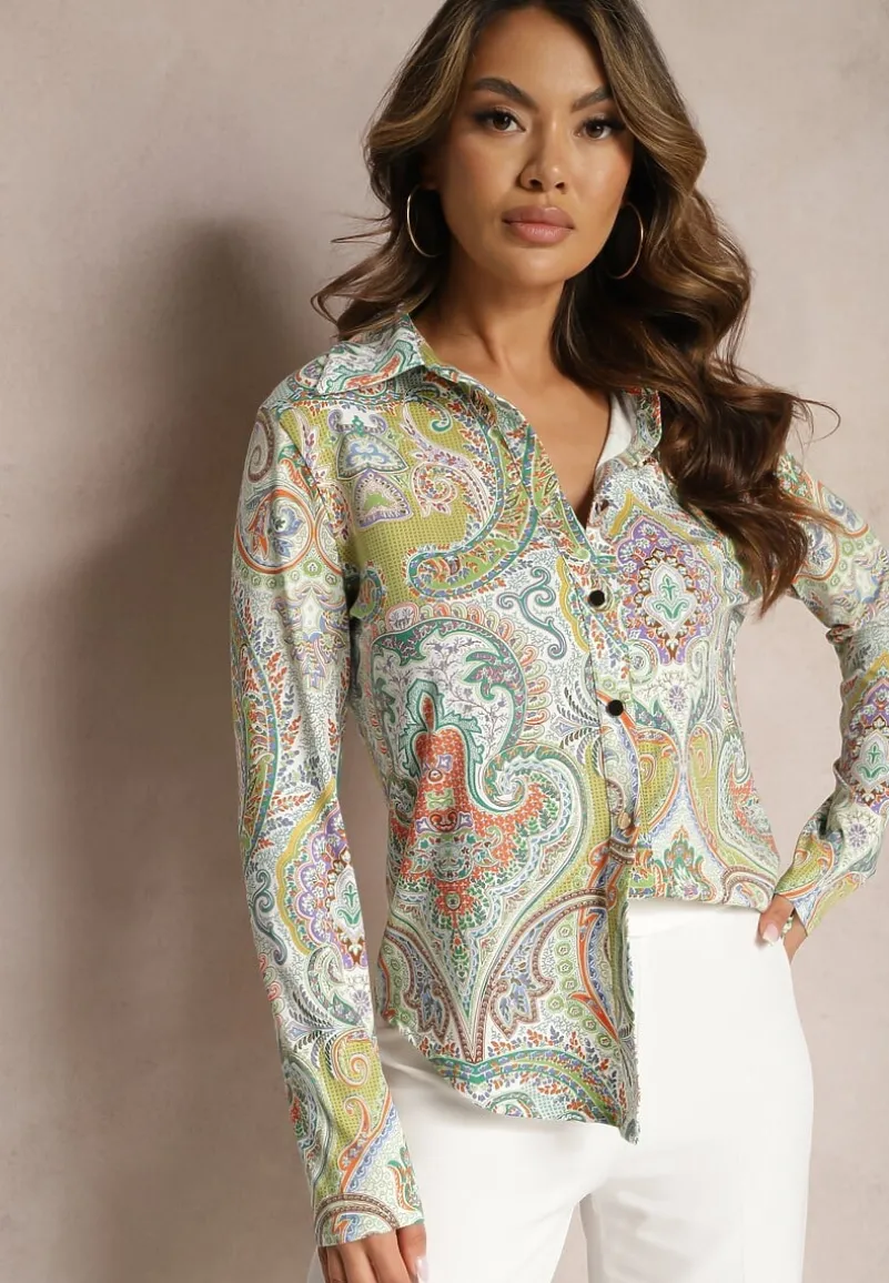 Zielono-Beżowa Koszula na Guziki z Długim Rękawem i Orientalnym Motywem Navinessa
