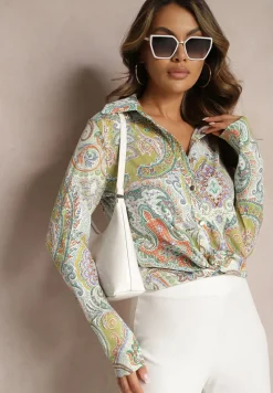 Zielono-Beżowa Koszula na Guziki z Długim Rękawem i Orientalnym Motywem Navinessa