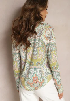 Zielono-Beżowa Koszula na Guziki z Długim Rękawem i Orientalnym Motywem Navinessa
