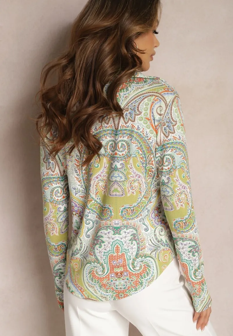 Zielono-Beżowa Koszula na Guziki z Długim Rękawem i Orientalnym Motywem Navinessa