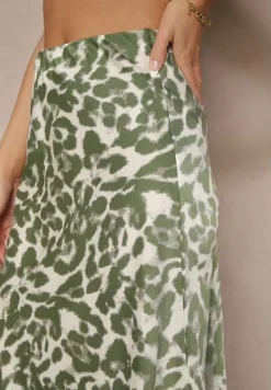 Zielono-Beżowa Panterkowa Spódnica z Wiskozy High Waist Fevirellea