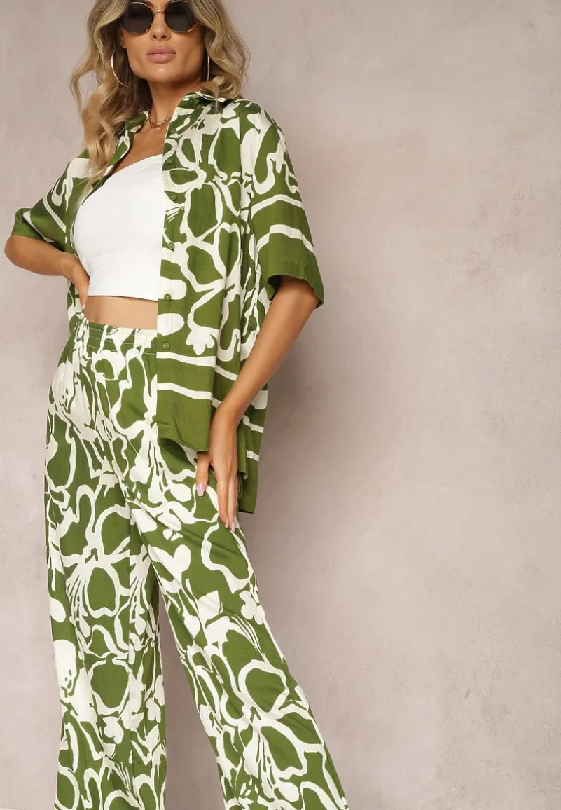Zielono-Beżowy Letni Komplet Luźna Koszula z Krótkim Rękawem Szerokie Spodnie z Gumką w Talii Vikiimina