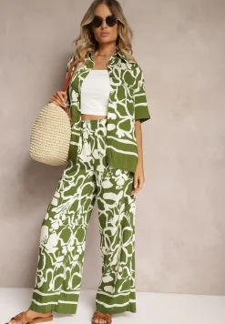 Zielono-Beżowy Letni Komplet Luźna Koszula z Krótkim Rękawem Szerokie Spodnie z Gumką w Talii Vikiimina