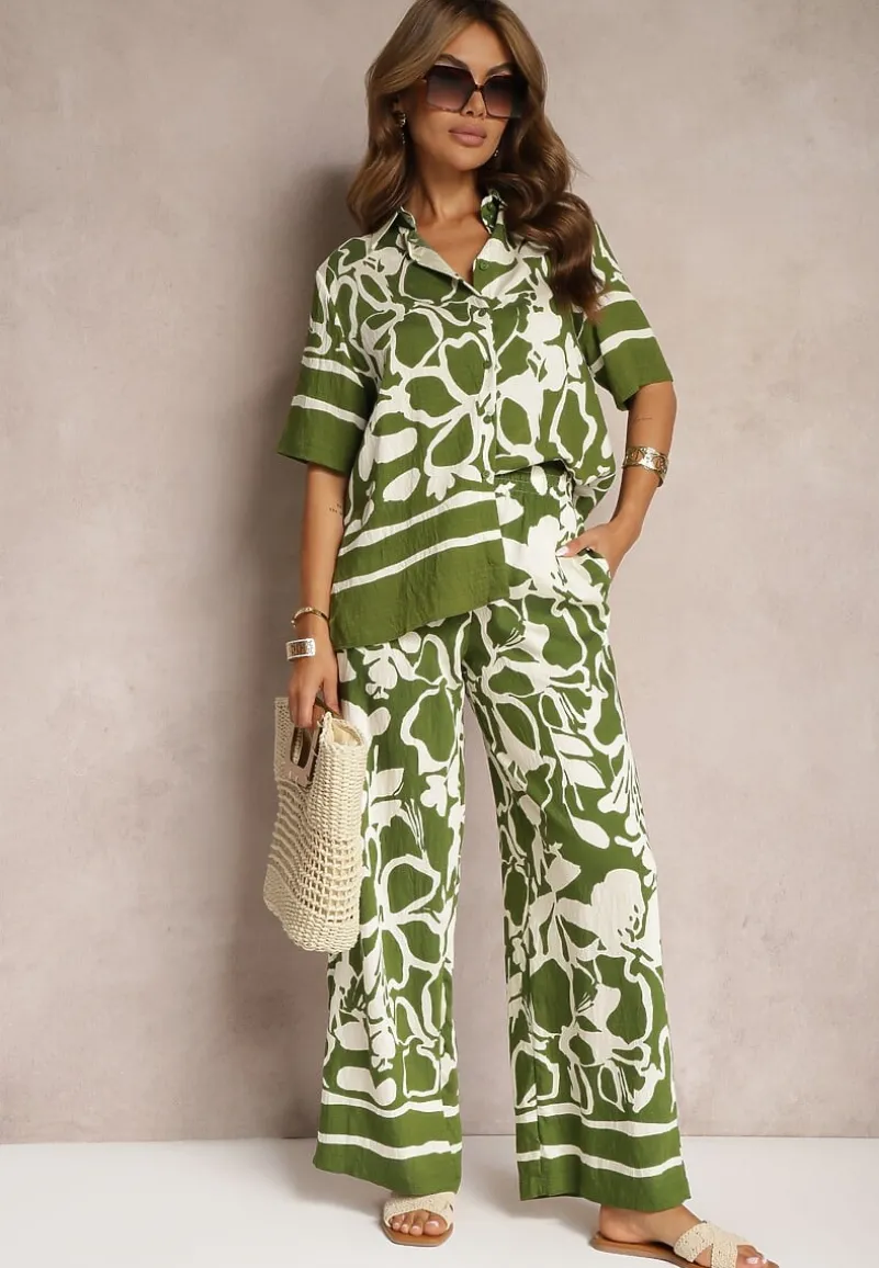 Zielono-Beżowy Letni Komplet Luźna Koszula z Krótkim Rękawem Szerokie Spodnie z Gumką w Talii Vikiimina