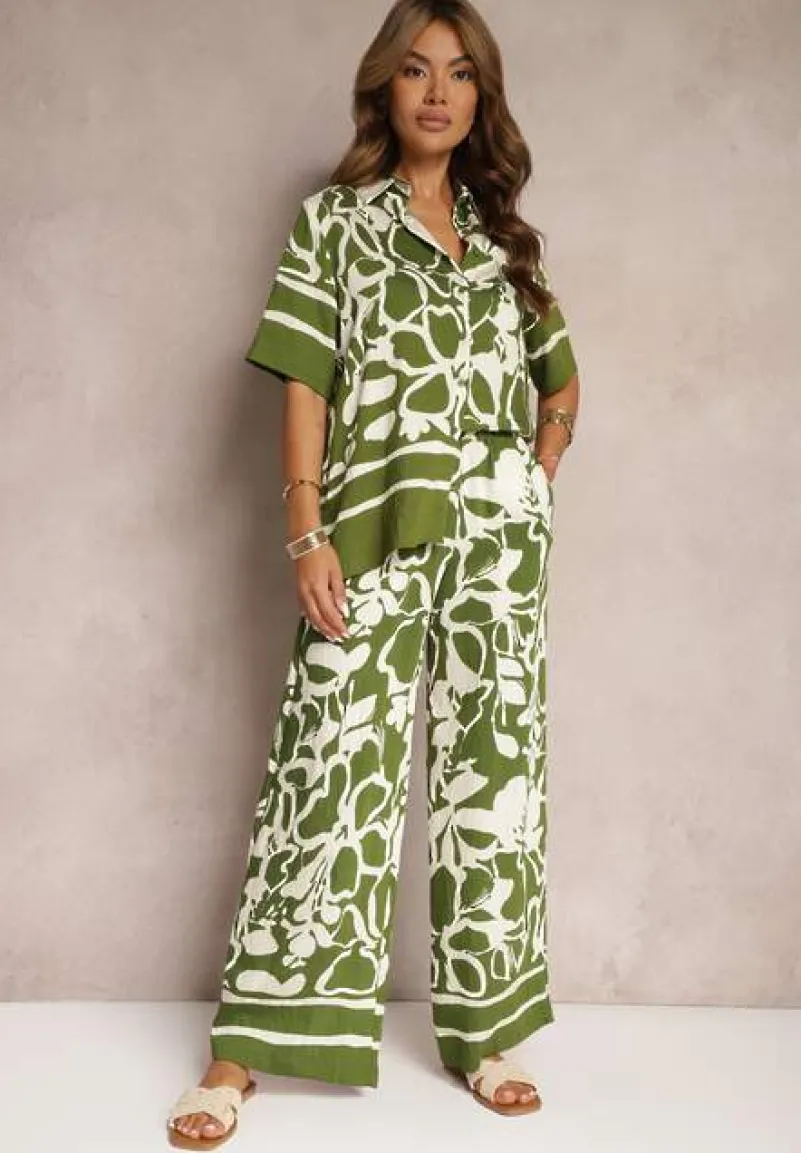 Zielono-Beżowy Letni Komplet Luźna Koszula z Krótkim Rękawem Szerokie Spodnie z Gumką w Talii Vikiimina