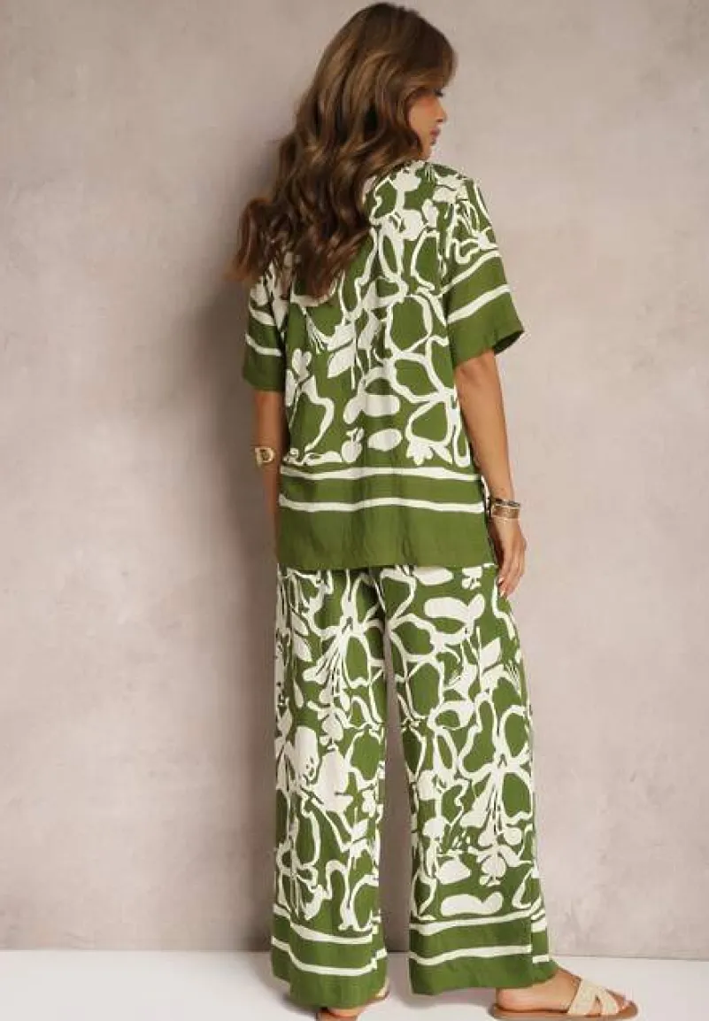 Zielono-Beżowy Letni Komplet Luźna Koszula z Krótkim Rękawem Szerokie Spodnie z Gumką w Talii Vikiimina