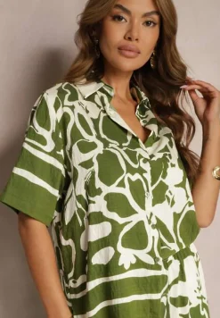 Zielono-Beżowy Letni Komplet Luźna Koszula z Krótkim Rękawem Szerokie Spodnie z Gumką w Talii Vikiimina