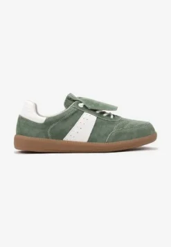 Zielono-Białe Sneakersy na Płaskiej Podeszwie ze Skóry Wykończone Zamszową Wstawką Milirae