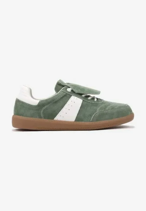 Zielono-Białe Sneakersy na Płaskiej Podeszwie ze Skóry Wykończone Zamszową Wstawką Milirae