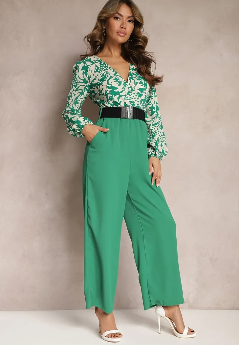 Zielono-Biały Kombinezon w Print z Paskiem i Szerokimi Nogawkami Stuvana