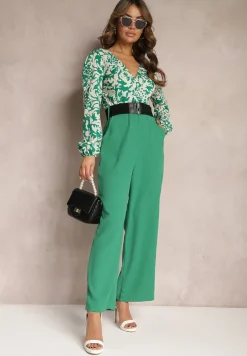 Zielono-Biały Kombinezon w Print z Paskiem i Szerokimi Nogawkami Stuvana