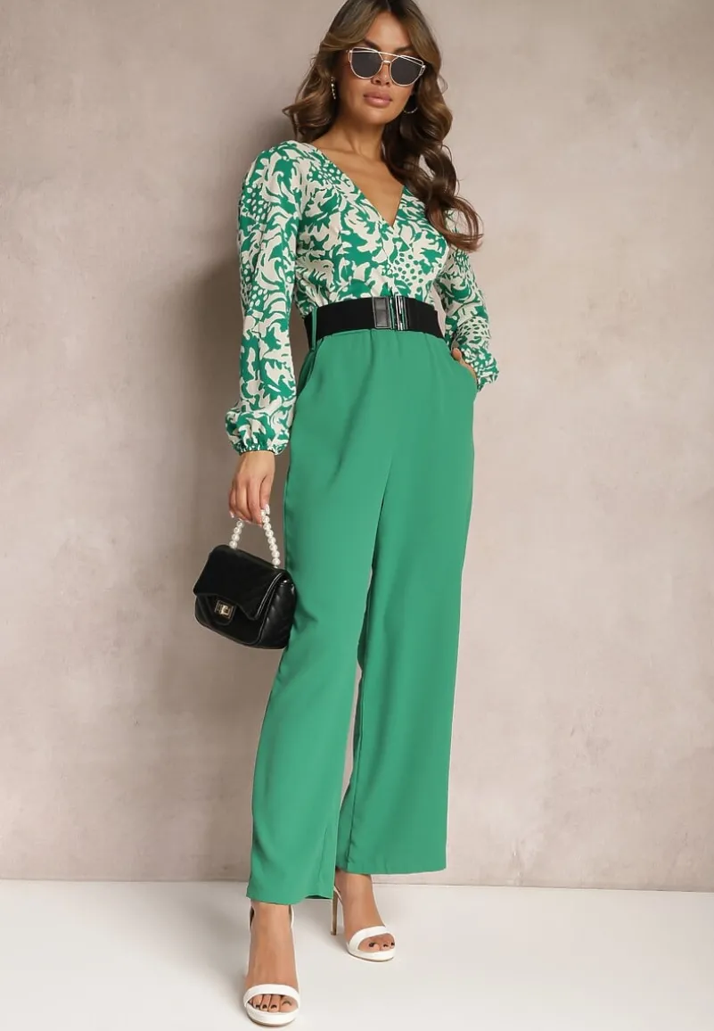 Zielono-Biały Kombinezon w Print z Paskiem i Szerokimi Nogawkami Stuvana