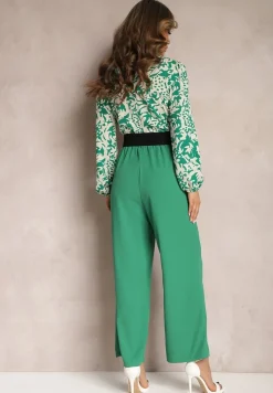 Zielono-Biały Kombinezon w Print z Paskiem i Szerokimi Nogawkami Stuvana