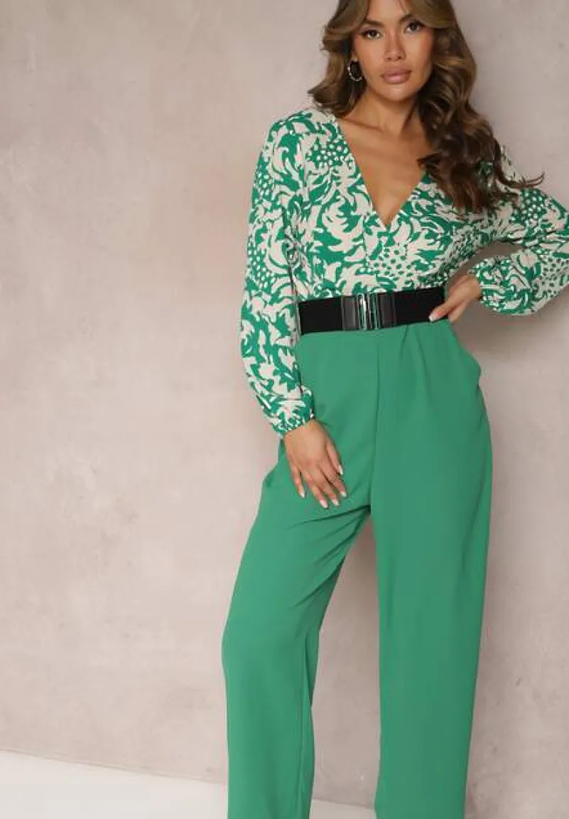 Zielono-Biały Kombinezon w Print z Paskiem i Szerokimi Nogawkami Stuvana