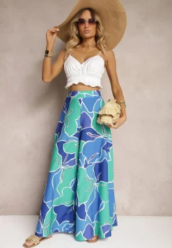 Zielono-Niebieskie Spodnie z Wiskozy z Szerokimi Nogawkami oraz Elastyczną Gumką w Talii i Suwakiem Etanea