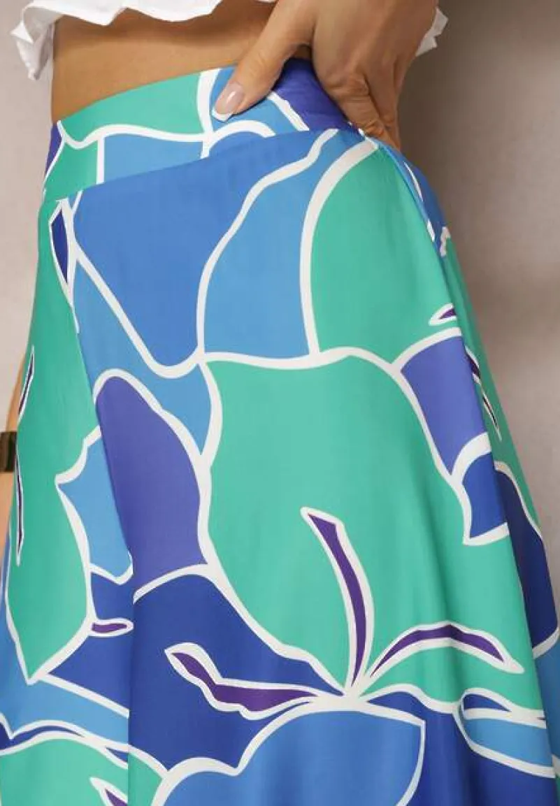 Zielono-Niebieskie Spodnie z Wiskozy z Szerokimi Nogawkami oraz Elastyczną Gumką w Talii i Suwakiem Etanea