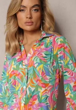 Zielono-Różowa Koszula o Klasycznym Kroju we Florystyczny Print Ationama