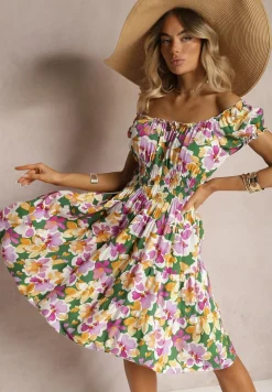 Zielono-Różowa Taliowana Sukienka z Bawełny Wykończona Gumką w Talii i Guzikami Nelianne