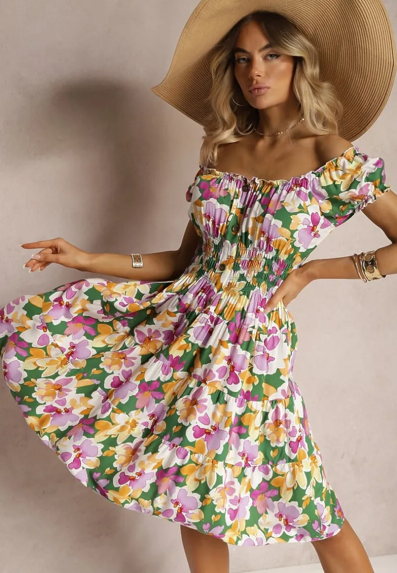 Zielono-Różowa Taliowana Sukienka z Bawełny Wykończona Gumką w Talii i Guzikami Nelianne