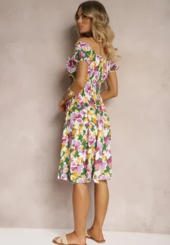 Zielono-Różowa Taliowana Sukienka z Bawełny Wykończona Gumką w Talii i Guzikami Nelianne