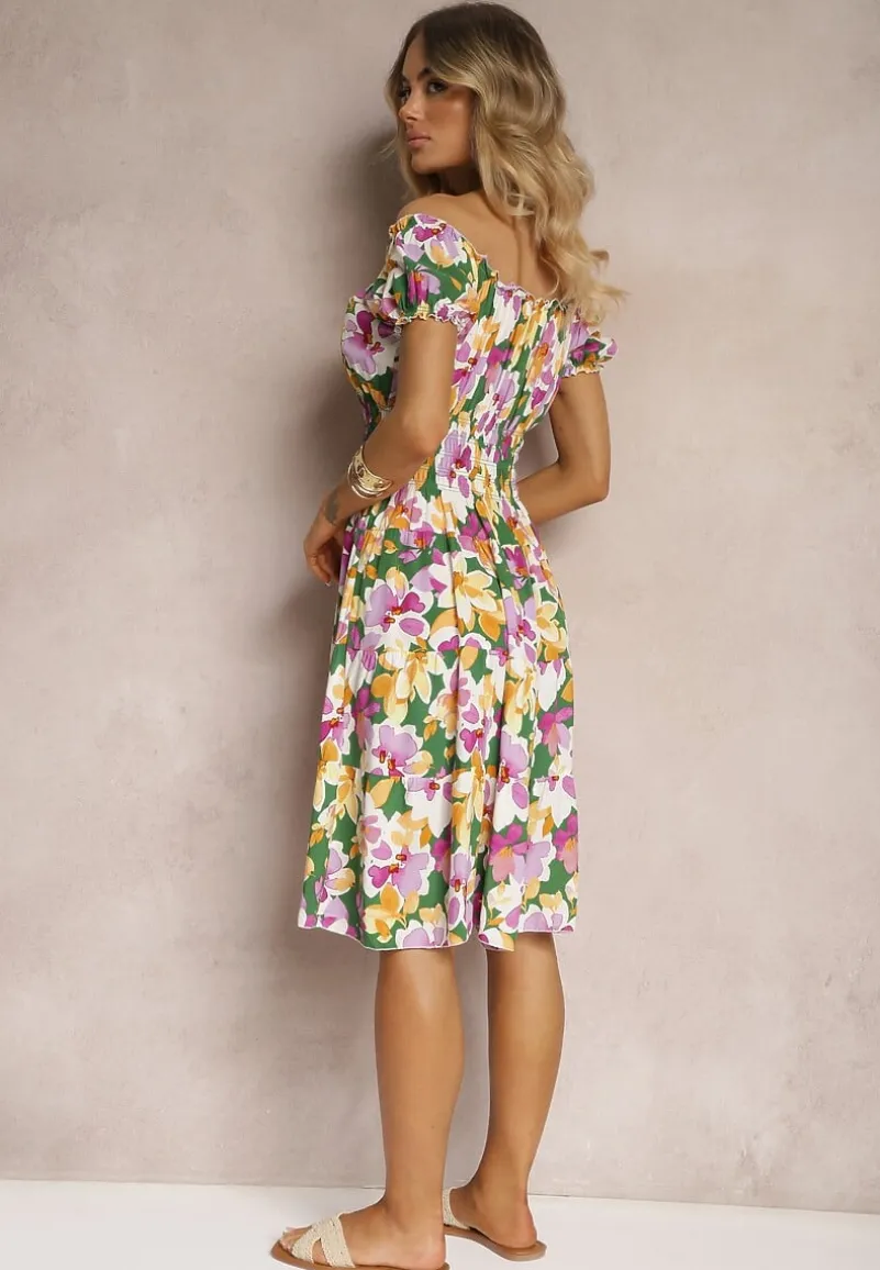 Zielono-Różowa Taliowana Sukienka z Bawełny Wykończona Gumką w Talii i Guzikami Nelianne