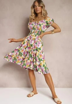 Zielono-Różowa Taliowana Sukienka z Bawełny Wykończona Gumką w Talii i Guzikami Nelianne