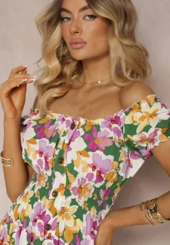 Zielono-Różowa Taliowana Sukienka z Bawełny Wykończona Gumką w Talii i Guzikami Nelianne