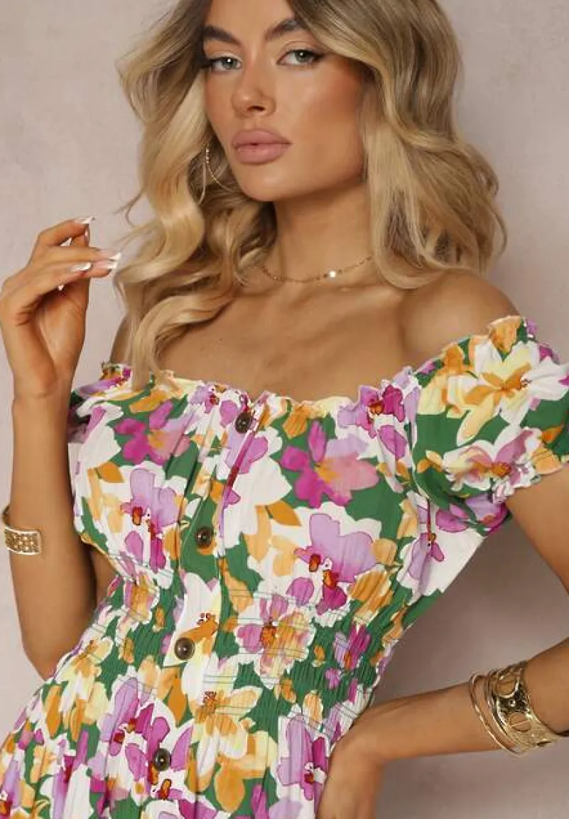 Zielono-Różowa Taliowana Sukienka z Bawełny Wykończona Gumką w Talii i Guzikami Nelianne