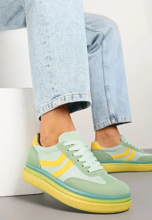 Zielono-Żółte Sneakersy Typu Kultowe Tenisówki na Niskiej Platformie Olritia
