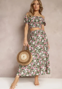 Zielony Bawełniany Komplet 2-częściowy w Kwiaty Malenis