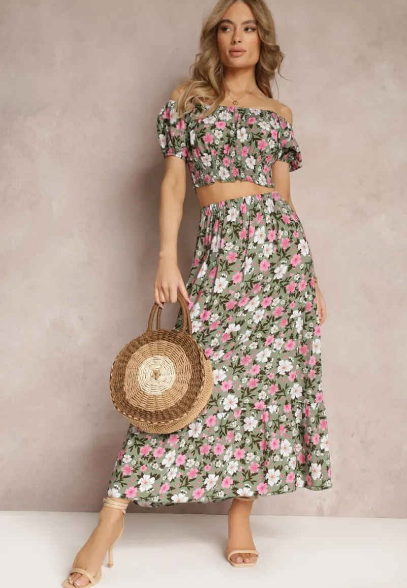 Zielony Bawełniany Komplet 2-częściowy w Kwiaty Malenis