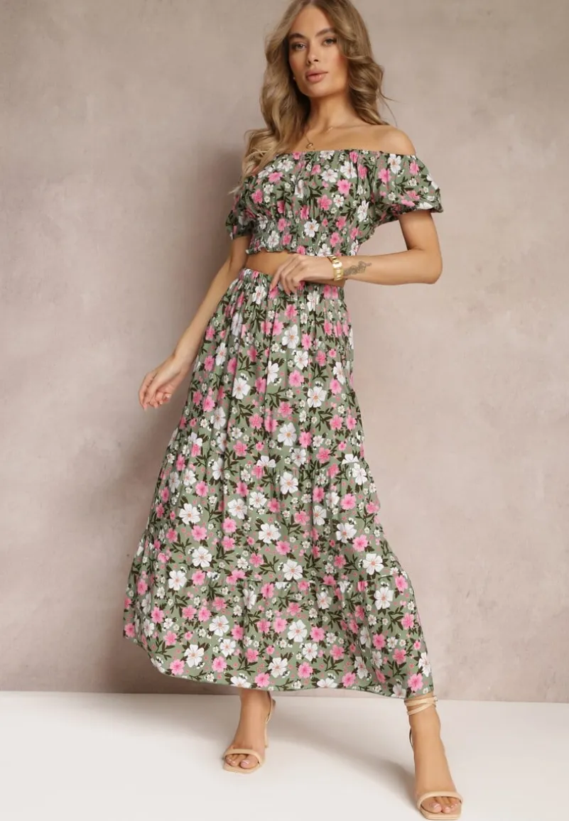 Zielony Bawełniany Komplet 2-częściowy w Kwiaty Malenis