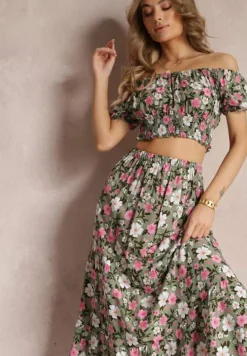 Zielony Bawełniany Komplet 2-częściowy w Kwiaty Malenis