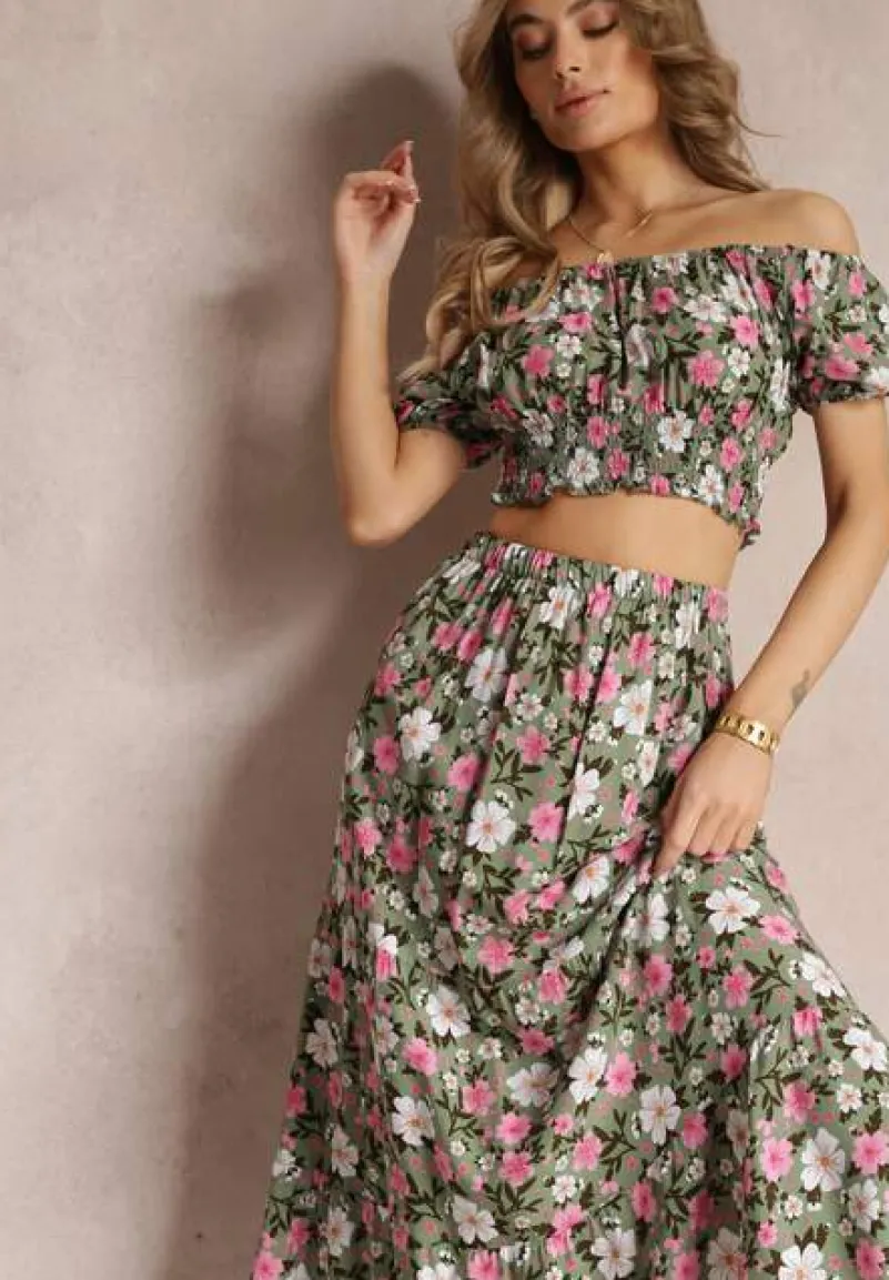 Zielony Bawełniany Komplet 2-częściowy w Kwiaty Malenis