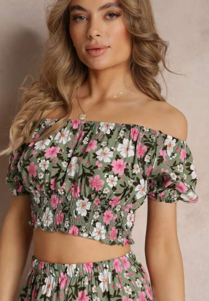 Zielony Bawełniany Komplet 2-częściowy w Kwiaty Malenis