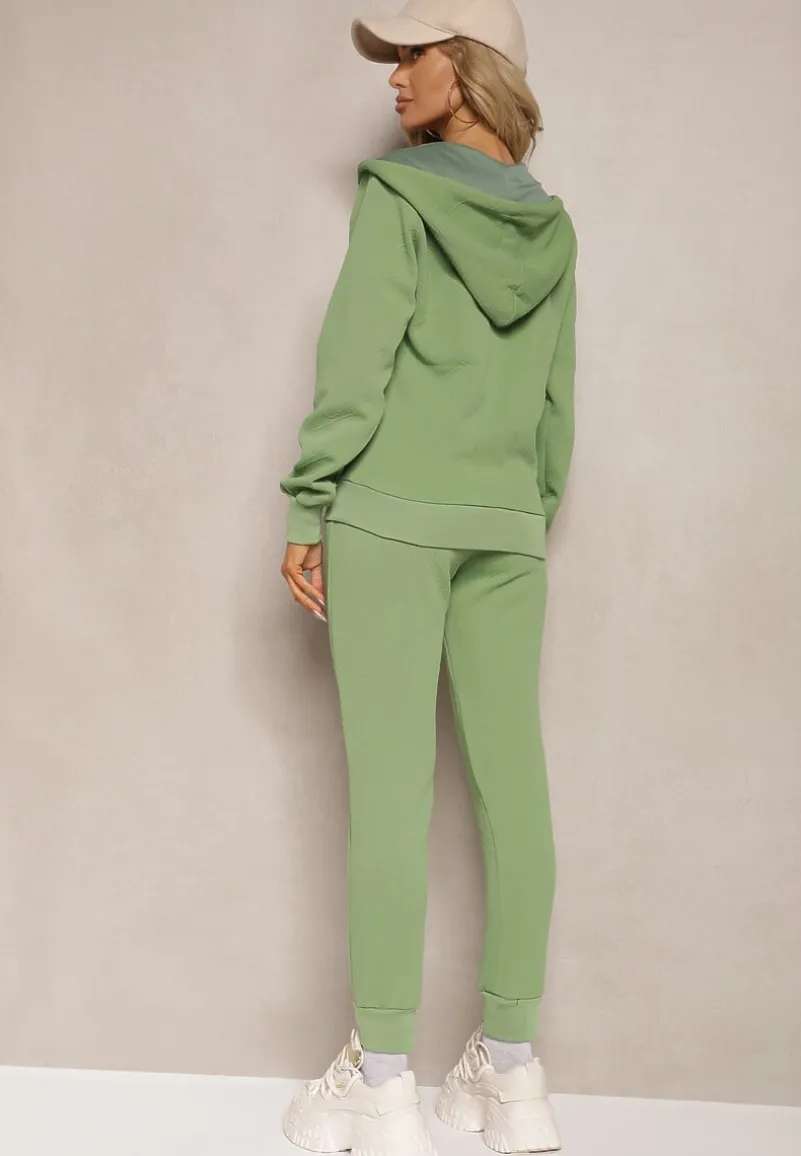 Zielony Casualowy Komplet Dresowy z Domieszką Bawełny Bluza z Kapturem i Spodnie Joggery Sineva